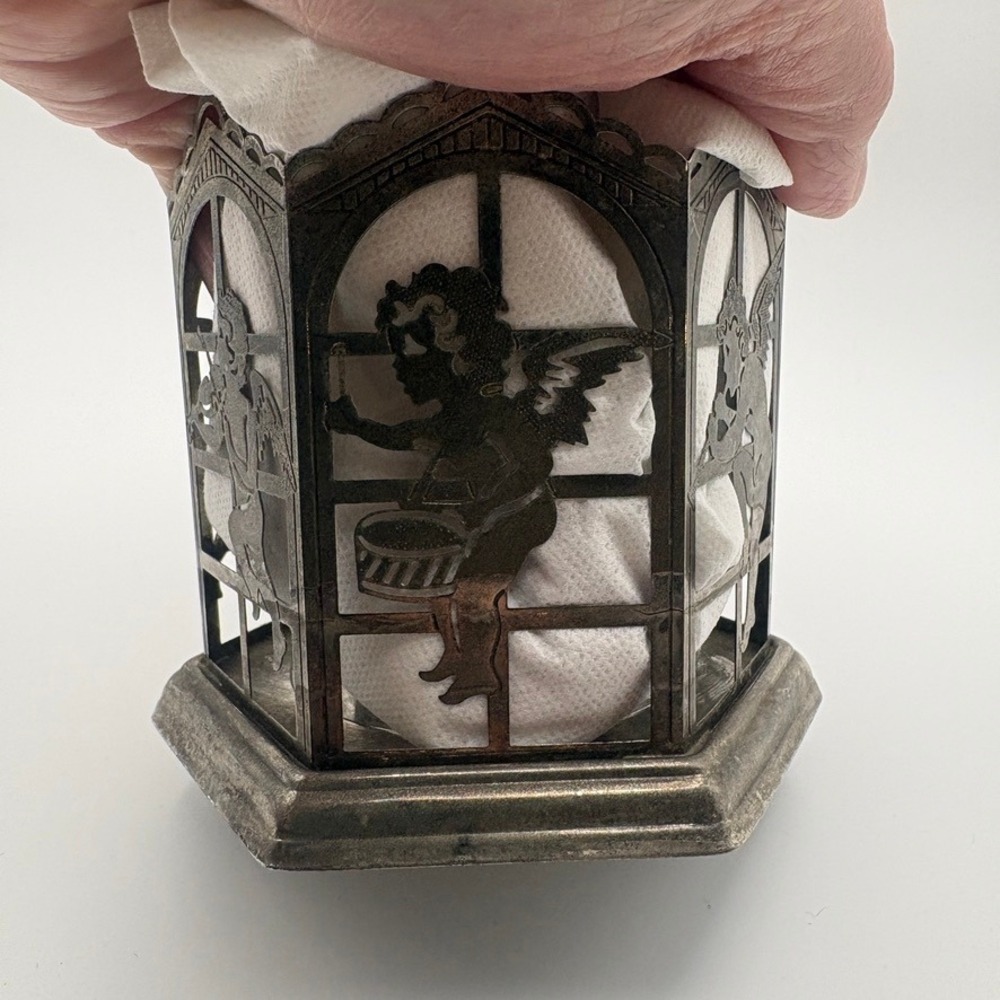 Vintage Silver Tone Cherub Angel Hexagon‎ Votive Candle Holder Metal Filigree